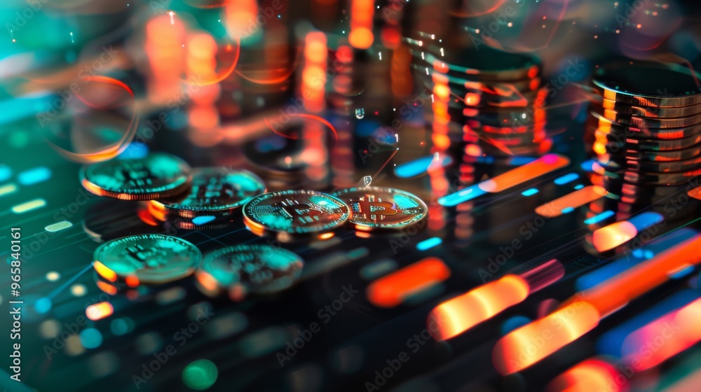 Poster Stock display with coins and graph double exposure finance and banking theme