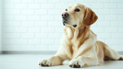 A Golden Retriever dog is laying on the floor in front of a white brick wall, appearing calm and relaxed in a minimalistic setting.
