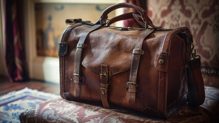 Vintage leather travel bag in a classic interior setting