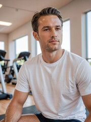 Fototapeta premium Hombre joven vestido con camiseta blanca en el gimnasio