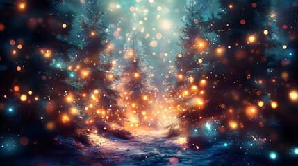 Magical forest with christmas trees and glowing lights