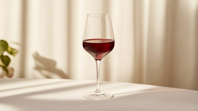 Red wine glass on table with soft curtains