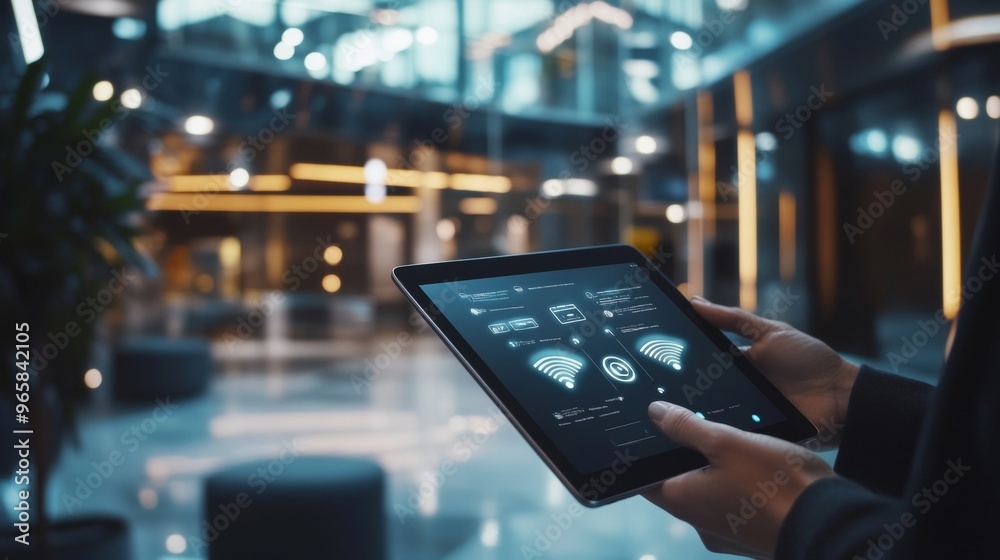 Poster tablet displaying wifi signals in modern office