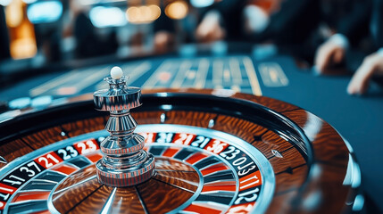Close-up of a roulette wheel in a casino with players in the background. The focus is on the spinning wheel and the ball, indicating a game in progress.