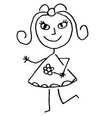 Hand drawing happy cute girl with flower. Imitation childish drawing. Vector isolated illustration.