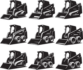 Black and White Vector Illustration of Skid Steer Loaders: Construction Equipment, Heavy Machinery, Industrial Vehicles, Front Loaders, Bobcats