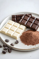 
White chocolate and chocolate garnished with cocoa powder.
