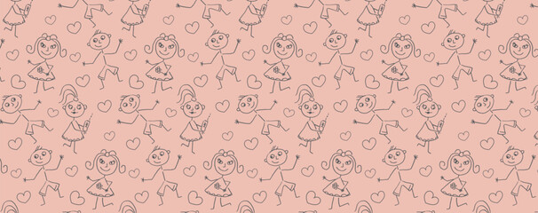 Valentine's  seamless pattern. Boy and girl friendship on valentine's day. Vector drawing happy cute girl with phone and boy with flower. Imitation of children's drawing.