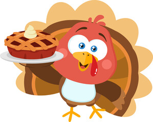 Cute Baby Turkey Bird Cartoon Character Holding Perfect Pie. Vector Illustration Flat Design Isolated On Transparent Background