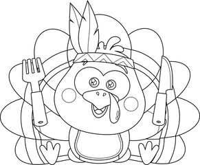 Outlined Cute Baby Indian Turkey Bird Cartoon Character Sitting With Knife And Fork. Vector Hand Drawn Illustration Isolated On Transparent Background