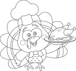 Outlined Cute Baby Turkey Bird Cartoon Character With Chef Hat Holding Roasted Chicken. Vector Hand Drawn Illustration Isolated On Transparent Background