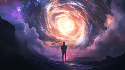Fototapeta premium A man standing in front of a swirling vortex of bright light, creating a mesmerizing and mysterious scene. Time Portal. Illustration