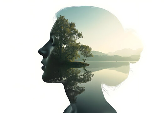 A double-exposure image depicting a woman's profile with a Lake landscape overlay