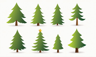 Eight green pine trees stand tall on a white background
