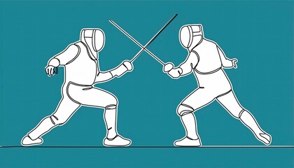 Single continuous line of two fencing athlete