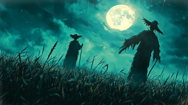 Cornfield with scarecrows standing tall under the moon. Halloween concept, looping 4k video animation background
