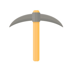 Pickaxe with a wooden handle in a cartoon style on a white background. Mining tool for ore extraction.