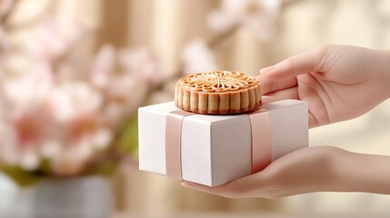 A hand presenting a beautifully wrapped gift box topped with a traditional pastry, perfect for celebrations and festive occasions.