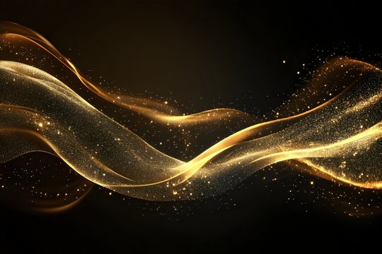Abstract glowing golden waves flowing on black background for wallpaper, poster and banner design