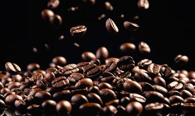 Coffee beans fall onto a pile of other beans against a dark background