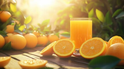 Obraz premium A glass of fresh orange juice surrounded by sliced oranges, placed on a wooden table with bright sunlight illuminating the scene