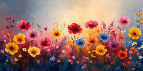 Obraz premium A painting of a field of flowers with a blue sky in the background