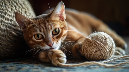 A playful cat resting beside a ball of yarn, showcasing a cozy indoor setting.