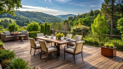 Fototapeta premium Outdoor dining set on a wooden deck surrounded by lush greenery in Napa Valley, California , Spring