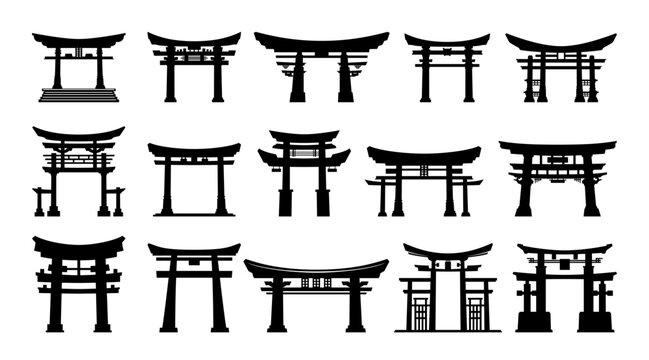 Japanese torii gate Asian religious black monochrome silhouette set vector flat illustration