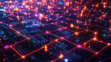 Obraz premium Futuristic Digital Network with Neon Grid and Data Points