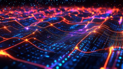 Abstract Digital Wave with Glowing Neon Gridlines