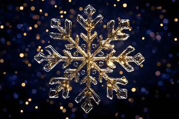 Golden translucent snowflake glowing on a blue background with bokeh for christmas and seasonal design
