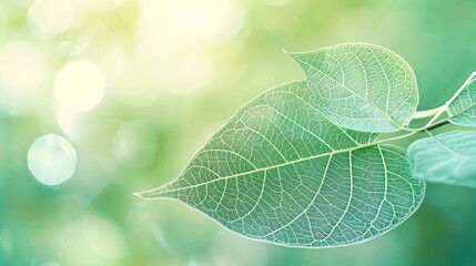 Obraz premium Green leaf with delicate veins and a soft-focus forest background, green leaf, intricate natural beauty