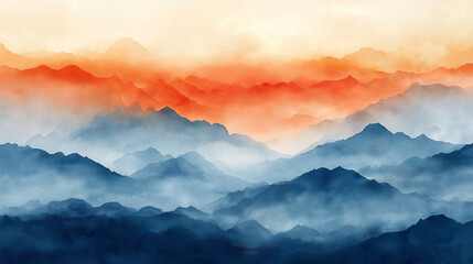 The mountains are covered in a misty blue and orange haze