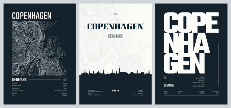Set of travel posters with Copenhagen, detailed urban street plan city map, Silhouette city skyline, vector artwork, set 2