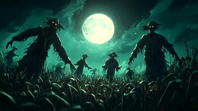 Cornfield with scarecrows standing tall under the moon. Halloween concept, looping 4k video animation background