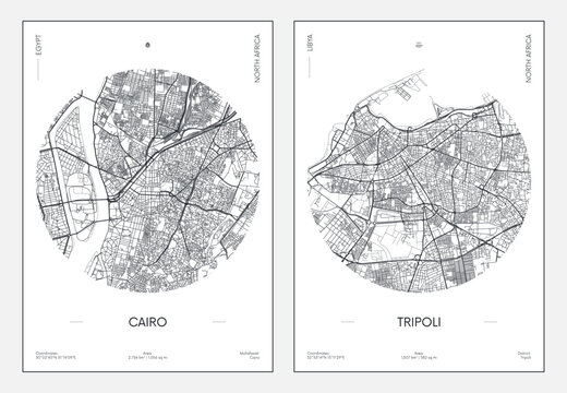 Travel poster, urban street plan city map Cairo and Tripoli, vector illustration
