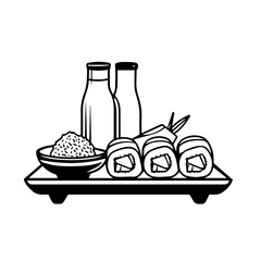 Sushi Platter with Condiments &ndash; Black Outline Vector Illustration for Japanese Restaurant Menus