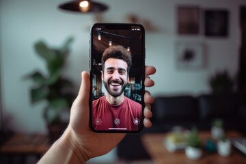 Smart phone screen with smiling influencer making vlog at home photography selfie photographing.