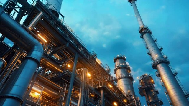 Industrial Refinery at Dusk:  A low-angle view of a large industrial refinery complex at dusk, showcasing the intricate network of pipes, towers, and structures against a twilight sky.