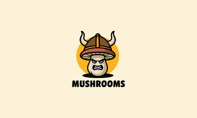Angry mushroom warrior character with Viking helmet, logo design concept.