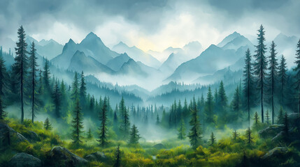 A painting of a forest with mountains in the background