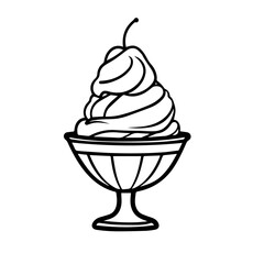 Bowl of Ice Cream with a Cherry on Top &ndash; Black Outline Vector Illustration Featuring Transparent Background for Dessert Branding, Ice Cream Menus, and Summer Sweet Treat Promotions