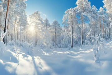 Obraz premium A serene winter forest landscape with sunlight piercing through snow-covered trees during a clear day