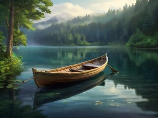 Obraz premium Small rowboat tied to a wooden pier, floating gently on calm lake waters surrounded by dense forest trees.