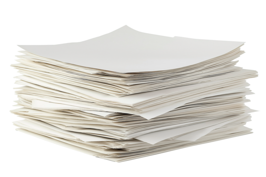 Isolated organized pile of white office paper. Office supply and document organization concept.