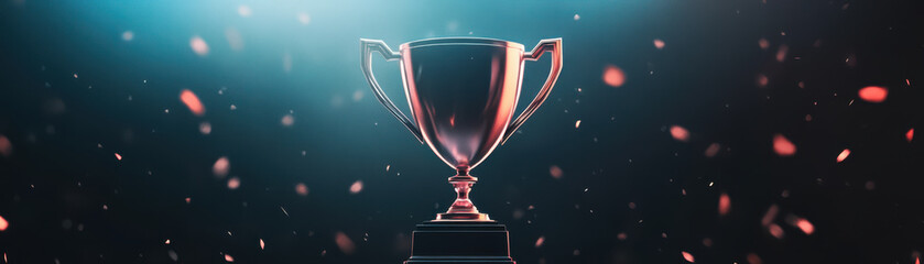 Fototapeta premium A shiny trophy stands proudly against dramatic background, symbolizing victory and achievement in competitive events. atmosphere is filled with excitement and celebration