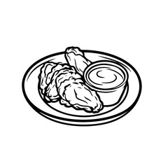 Plate of Chicken Wings with Dipping Sauce &ndash; Black Outline Vector Illustration Ideal for Sports Bar Menus, Fast Food Restaurants, and Snack Promotions