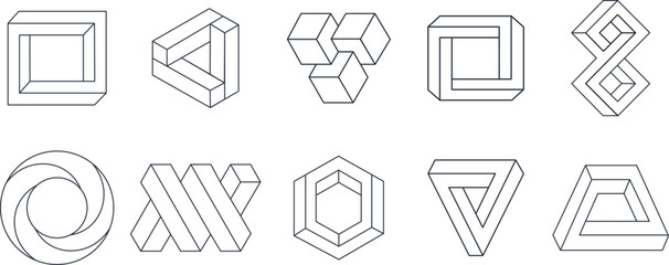 Optical illusion, unreal geometric elements. Impossible abstract linear shapes, visual delusion geometric figures flat vector illustrations collection. Unreal line figures set on white background