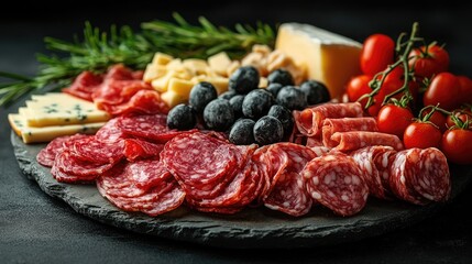 Obraz premium Delicious Charcuterie Board Featuring Assorted Meats and Cheeses Perfect for Entertaining Guests at Any Gathering